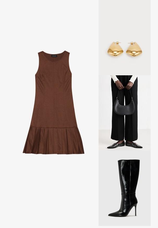 Braunes ärmelloses Kleid mit tailliertem Oberteil und schwingendem, gefälteltem Saum, gefertigt aus einem glatten Material mit sichtbaren Nahtdetails.; Schwarze Leder-Knielange Stiefel mit spitzem Schuh und hohem Stiletto-Absatz. Glatte Textur und elegantes Design, das sich durch minimale Details auszeichnet.; Schwarze Leder-Schultertasche mit runder Form, glänzender Oberfläche und silbernem Beschlag. Person trägt schwarze weit geschnittene Hosen und Nieten-Loafers.; Goldfarbene Metallohrringe in einer glatten, abgerundeten dreieckigen Form mit Steckverschluss; reflektierende Oberfläche mit minimaler Detailarbeit.