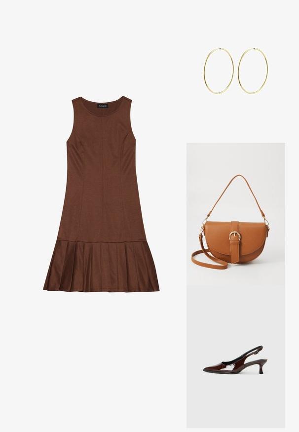Bruine mouwloze jurk met een aansluitende top en een uitlopende geplooide zoom, vervaardigd uit een glad materiaal met zichtbare naadtoeslagen.; Bruine gepatineerde leren slingback-schoen met een spitse neus en een gematigd hakje. Voorzien van een gespsluiting voor een veilige pasvorm. Glad van textuur.; Bruine leren schoudertas met een gebogen vorm, gouden hardware en een gespaccent. Bevat een afneembare schouderriem.; Gouden hoepeloorbellen met een glad, afgerond ontwerp. Dun en lichtgewicht, met een doorlopende lus zonder versieringen.