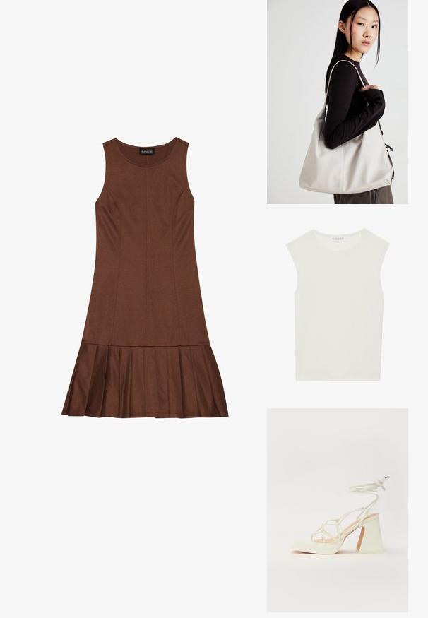 Braunes ärmelloses Kleid mit tailliertem Oberteil und schwingendem, gefälteltem Saum, gefertigt aus einem glatten Material mit sichtbaren Nahtdetails.; Weißes ärmelloses Top mit rundem Ausschnitt. Hergestellt aus glattem Stoff, hat es einen lässigen Schnitt und minimalistisches Design. Keine Muster oder Akzente.; Weiße High-Heel-Sandale mit einem klobigen Absatz, die über ein Riemchendesign und ein Knöchelband verfügt. Glatte Textur mit einer Plattform vorne für zusätzliche Höhe.; Beige Handtasche aus weichem Material, mit einem lässigen Design, gesteppten Details und zwei Schulterriemen. Geeignet für den täglichen Gebrauch.