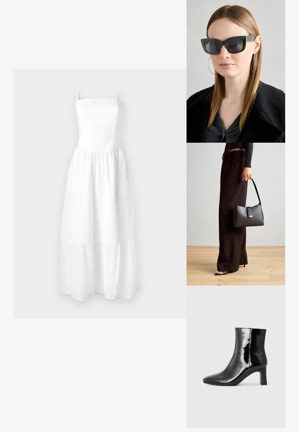 Vestido maxi de linho branco com alças spaghetti ajustáveis, parte superior franzida e saia em camadas. Textura leve para conforto e respirabilidade.; Botim de tornozelo em pele sintética preta com bico apontado e salto bloco de altura média. Textura suave e design minimalista.; Óculos de sol pretos em formato de gato com lentes escuras, armações grossas e acentos subtis. Usados com um casaco preto e uma blusa cinza, apresentando cabelo longo e liso.; Bolsa preta com forma estruturada, textura suave e um fecho metálico. Combinada com calças largas pretas e sandálias de salto aberto sobre um chão de madeira.