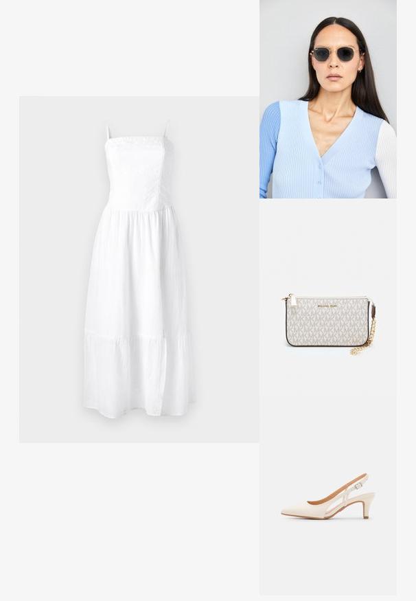 Hvitt lin maxi-kjole med justerbare spagettistropper, smocket topp og lagdelt skjørt. Lett tekstur for komfort og pusteevne.; Hvit slingback-hel med spiss tå, glatt overmateriale, lav blokkhelt, og cut-out-design på siden med justerbar spenne.; Runde solbriller med mørke linser og guldrammer. Modellen har en lyseblå, ribbet cardigan med knapper og kontrast hvide ærmer på.; Michael Kors håndleddsveske i beige belagt kanvas med et gjentakende MK-logo mønster, gullfarget maskinvare og en avtakbar kjede-rem.
