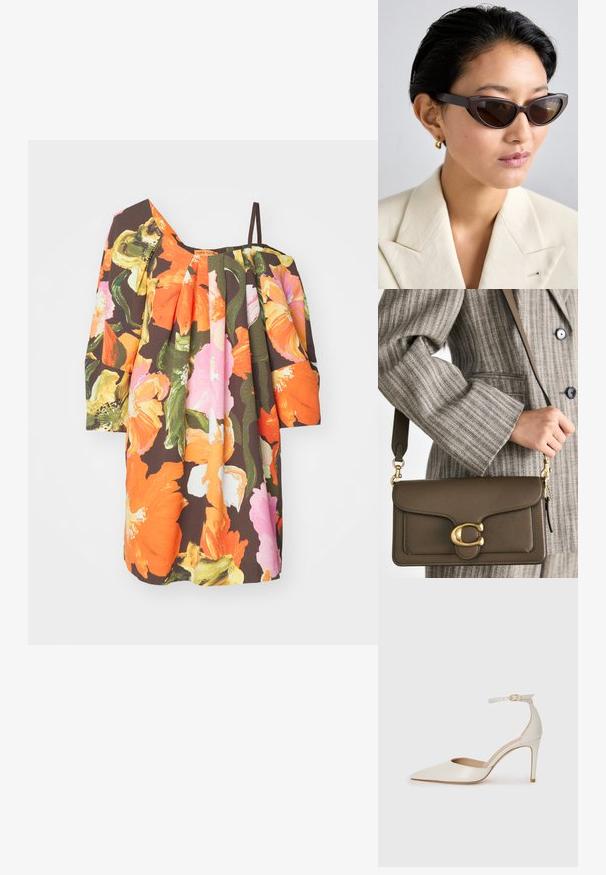 Stine Goya ELODIE STRUCTURE STRETCH - Päevakleit - summer night; Valgete nahast kõrge kontsaga kingad, terava varbaga, ankle strapiga ja kitsaste stiletto kontsadega. Sile tekstuur koos peene läikega.; Pruunid kass silmadega päikeseprillid tumedate läätsedega, paksude raamidega ja siledat tekstuuri, koos beeži bleiseri ja kuldsete rõngas kõrvarõngastega.; COACH TABBY SHOULDER BAG 26 - Käekott - dark stone