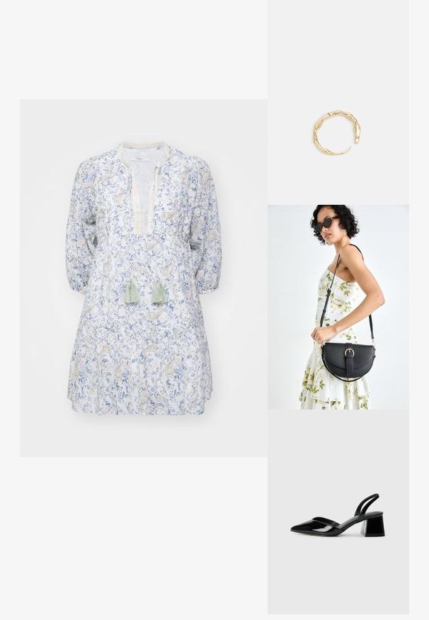 Kevyt puuvillamekko, jossa on kukkakirjailu sinisin ja keltasin sävyin, V-pääntie ja pitkät puffihihat. Varustettu vihreillä tupsuilla.; Mustat patentoitu nahkakengät, joissa on säären takaosa ja terävä kärki, sekä geometrinen palikkakorko. Sisältää tyylikkään, minimalistisen muotoilun ja sileän pinnan.; Musta nahkainen käsilaukku, joka on kaareva muotoilultaan, irrotettavalla hihnalla ja kultaisilla yksityiskohdilla. Laukussa on läppä, jossa on solk yksityiskohta.; Kultaketju, jossa on orgaaninen, kierretty muotoilu, sileä pinta ja cappatut päät, luoden modernin, veistoksellisen ilmeen.