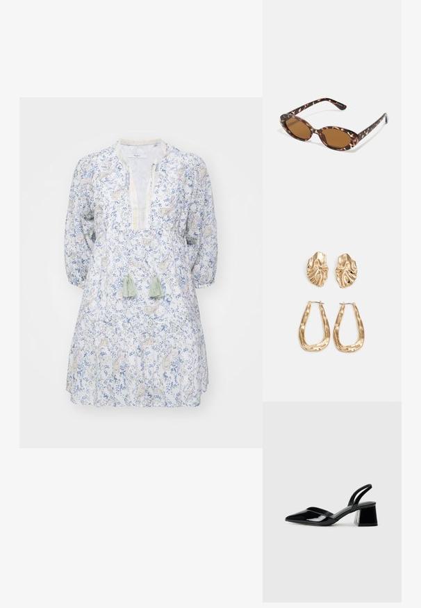 Lahka bombažna obleka z cvetličnim vzorcem v modrih in rumenih odtenkih, z V-izrezom in dolgimi puff rokavi. Ima tudi zeleni pompon.; Črne lakirane slingback pete s koničastim nosom in geometrijsko blokasto peto. Imajo eleganten, minimalističen dizajn in gladko teksturo.; Želve sončne očala z ovalnimi lečami, rjave tonirane, tanke ročice z teksturiranim vzorcem, lahka plastična okvir.; Zlato obarvani uhani z teksturiranimi, valovitimi oblikami. Vključujejo skulpturalne sponke za ušesa in odprto obliko obročka s kladivastim finišem.