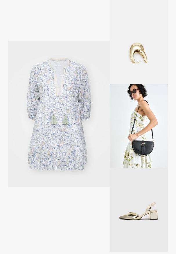 Vestido de algodón ligero con un estampado floral en azul y amarillo, escote en v y mangas largas con volantes. Presenta borlas en verde.; Tacones slingback metálicos dorados con punta afilada y tacón grueso. Textura suave, diseño minimalista y una correa estrecha.; Bolso de piel negra con forma curva, correa desmontable y herrajes dorados. El bolso cuenta con una solapa con un detalle de hebilla.; Pendiente de metal en tono dorado con un diseño elegante y curvado. Presenta una forma puntiaguda distintiva, superficie pulida y cierre de bisagra.