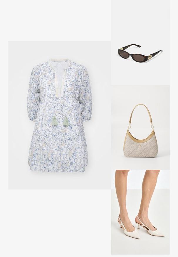 Vestido de algodón ligero con un estampado floral en azul y amarillo, escote en v y mangas largas con volantes. Presenta borlas en verde.; Tacones slingback de charol beige con punta afilada y un tacón de 5 cm, con lados recortados y una delgada correa en el tobillo.; Gafas de sol carey con lentes ovalados alargados, tintado marrón, acentos de logo dorado en las patillas y brazos negros elegantes.; Bolso de mano beige con un patrón y forma curva, acentos de cuero y un logo tono dorado en la parte frontal. Cuenta con un asa corta para un fácil transporte.