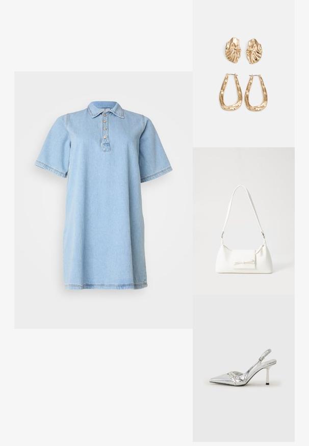 Απαλό μπλε τζιν φόρεμα με μυτερό γιακά, κοντά μανίκια και πέντε κουμπιά· διαθέτει λεπτομέρειες ραφής στο στρίφωμα και στα μανίκια.; Ασημένια ψηλοτάκουνα παπούτσια slingback με μυτερή μύτη, μεταλλική φινέτσα, δύο διακοσμητικές λωρίδες και λεπτό τακούνι με μαύρη άκρη.; Λευκή συνθετική τσάντα σε τριγωνικό σχήμα, με επίπεδη μπροστινή καπάκι και λεπτομέρεια φιόγκου, ρυθμιζόμενο λουράκι, απαλή υφή και μινιμαλιστικό σχέδιο.; Χρυσά σκουλαρίκια με υφή, κυματιστά σχήματα. Περιλαμβάνουν γλυπτικά κλιπ-σε σκουλαρίκια και σχέδιο ανοιχτού σκουλαρικιού με σφυρήλατη επιφάνεια.