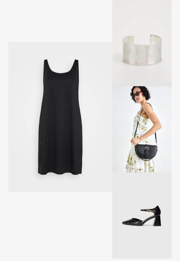 Juoda be rankovių suknelė su apvalia iškirpte, pagaminta iš lygios, lengvos medžiagos, su laisvu A formos siluetu.; Juodos lakinės odos aukštakulniai batai su smailiu kumščiu, kulkšnies dirželiu ir tekstūruotu krokodilo raštu. Kvadratinis stulpelis.; Juodas odinis krepšys su išlenkta forma, nuimamu dirželiu ir auksiniais detalėmis. Krepšys turi kilpą su sagtimi.; Zign Apyrankė - silver-coloured