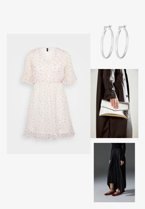 Kukallinen mekko, joka on valmistettu kevyestä ja läpikuultavasta kankaasta; siinä on V-pääntie, lyhyet röyhelöhiat, joustava vyötärö ja lentävä hame, jossa on röyhelösomiste.; Musta pleatattu hame, jossa on korkea-matala helma, yhdistettynä kiiltäviin punaisiin ballerinoihin, joissa on nauhasuunnittelu. Kangas on sileä.; Hopeinen metallinen clutch-angular kirjekuorimuotoilu, sileä pinta ja kontrastivärinen sisustus, pidetään kädessä, jossa on musta takki.; Hope-silver rengas, joissa on sileä ja kiillotettu pinta. Pyöreä muoto ja turvallinen napsautettava lukitus. Kevyt muotoilu sopii päivittäiseen käyttöön.