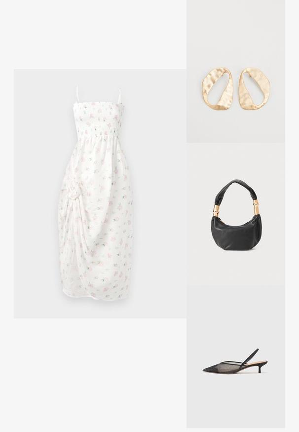 Witte jurk met smock-bustier, dunne banden en bloemenprint in het roze. Bevat geplooide stof met een zij-knoopdetail en een split.; NEOUS IRENA - Klassieke pumps - black; Zwarte leren handtas met een ronde vorm, zachte textuur en een geknoopt handvat met gouden hardware accenten. Met rits sluiting.; Een paar onregelmatig ovale, gouden metalen oorbellen met een gestructureerd, lichtgehamerd oppervlak op een witte achtergrond.