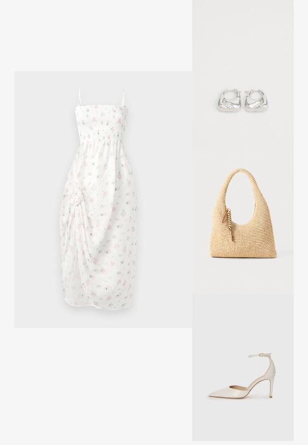 Biele šaty so smockovaným korzetom, tenkými ramienkami a kvetinovou potlačou v ružovej farbe. Obsahujú nariasenú tkaninu s bočným uzlom a rozparkom.; Biele kožené topánky na vysokom podpätku s špicatou špičkou, remienkom okolo členka a štíhlym stiletto podpätkom. Hladký povrch s jemným lesklým povrchom.; Tkaná béžová kabelka s zakrivenou rukoväťou, štruktúrovaným povrchom a hnedým strapcom. Má uvoľnený, hobo tvar.; Strieborné náušnice vo forme kruhov s hladkým, zaobleným dizajnom a vlnitým akcentom, ktorý obsahuje malé, jasné sklenené kamienky pozdĺž jedného okraja.