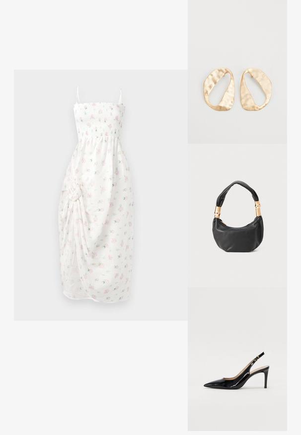Valkoinen mekko, jossa on smockattu rintaosa, ohuet hihnat ja vaaleanpunainen kukkakuosi. Mekossa on kokoon kerättyä kangasta, sivusolmu ja halkio.; Musta lakattu nahkainen slingback-korkokenkä, jossa on terävä kärki, kapea korko ja hillitty leikkaussuunnittelu. Varressa on kultainen solki.; Musta nahkalaukku pyöreällä muodolla, pehmeällä pinnalla ja solmulla varustetulla kahvalla, jossa on kultasävyiset yksityiskohdat. Vetoketjusuljenta.; Pari epämuodostuneita soikeita kultasävyisiä metallikorvakoruja, joissa on teksturoitu, hieman hakattu pinta valkoista taustaa vasten.