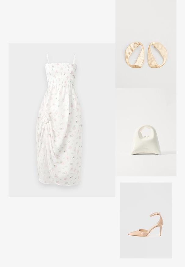 Bela obleka s smokanjem v predelu prsi, tankimi naramnicami in cvetličnim vzorcem v roza barvi. Ima nabrano tkanino s stranskim vozlom in razporkom.; Nude lakirani čevlji s koničastim prstom, z naramnicami in stiletto peto, ki se ponašajo z gladko teksturo in minimalističnim dizajnom.; Bela torbica z teksturiranim, ukrivljenim dizajnom. Ima izrazito ročico in zaobljen dno, z gladko površino in minimalno opremo.; Par nenavadno ovalnih zlatih metalnih uhani s teksturirano, rahlo udarjeno površino na belem ozadju.