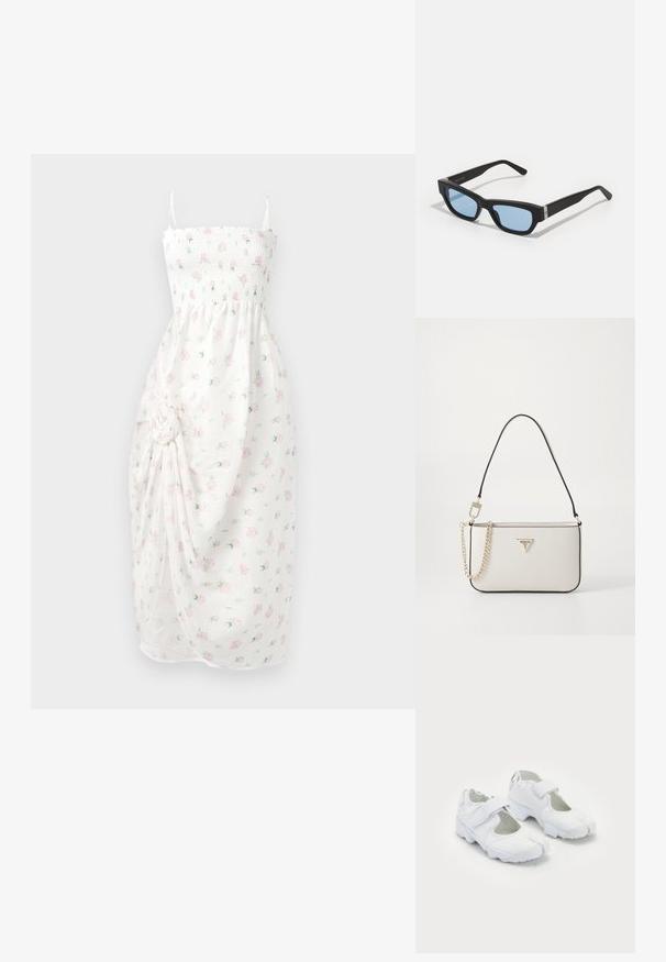 Witte jurk met smock-bustier, dunne banden en bloemenprint in het roze. Bevat geplooide stof met een zij-knoopdetail en een split.; Witte sportieve schoenen met een gestructureerde bovenkant, verstelbare klittenbandsluiting, ronde neus en een stevige zool met een opvallend profiel.; Zwarte zonnebril met rechthoekige montuur, lichtblauwe lenzen, matte afwerking en zilveren accenten bij de scharnieren. Made in Italy.; Witte gestructureerde handtas met een zwarte rand, voorzien van een gouden schouderband, een afneembare schouderriem en een driehoekige logo-accent.; Gouden rechthoekige polshorloge met een minimalistisch ontwerp, voorzien van een crèmekleurige wijzerplaat, gouden wijzers en een metalen schakelband. Merktekens bevatten de merknaam.