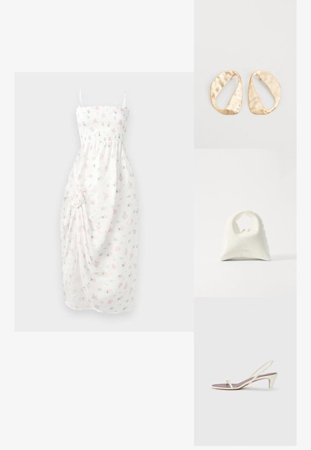 Biele šaty so smockovaným korzetom, tenkými ramienkami a kvetinovou potlačou v ružovej farbe. Obsahujú nariasenú tkaninu s bočným uzlom a rozparkom.; Biele sandále na opätku so slabým podpätkom, tenkými pásikmi a hladkým koženým povrchom; obsahujú malú dekoratívnu sponu.; Biela kabelka s textúrovaným, zakriveným dizajnom. Disponuje výraznou rukoväťou a zaobleným dnom, s hladkým povrchom a minimálnym kovovým príslušenstvom.; Pár nepravidelných oválnych zlatistých kovových náušníc s textúrovaným, mierne rozbitým povrchom na bielom pozadí.