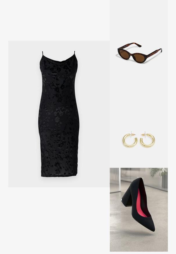 Fekete, testszabású ruha virágmintával, vékony pántokkal és csepp nyakkivágással. Simaságot sugárzó anyagból készült, textúrázott felülettel.; Fekete magassarkú cipő hegyes orral, textúrált felülettel és élénk rózsaszín béléssel. Vastag sarokkal rendelkezik, ezüst kiegészítővel.; Barna teknősbéka napszemüveg vintage macska szemformával és barna lencsékkel. Íves karokkal rendelkezik, amelyek piros részletekkel vannak ellátva.; Arany fülbevalók sima, fényes felülettel. Kör alakú dizájn, amely kis kapoccsal és átlátszó tartozékkal rendelkezik a biztonságos viselés érdekében.