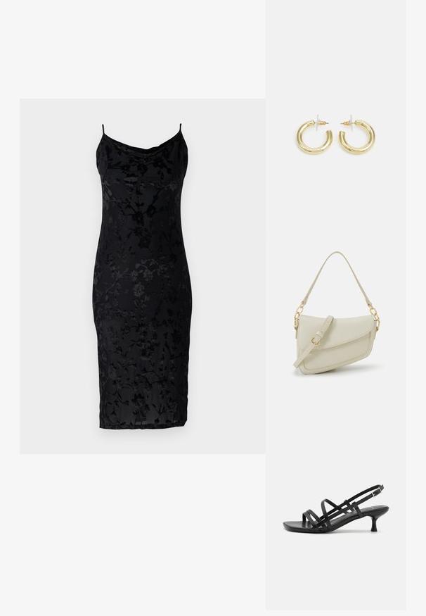 Juoda prigludusi suknelė su gėlių raštu, turinti plonas petnešas ir draperuotą iškirptę. Pagaminta iš lygaus audinio su tekstūruotu paviršiumi.; Juodos aukštakulnės šlepetės su keliais perrištomis juostelėmis. Lygi medžiaga, smailas nosis ir siauras kulnas. Reguliuojama kulkšnies juostelė su sagtimi.; Mažas kreminis rankinukas su tekstūruotu paviršiumi, ilga reguliuojama juostele, grandinėle ir užsegimu su atvartu. Aukso detalės.; Aukso auskarai su lygiu, blizgiu paviršiumi. Apvalus dizainas su maža užrakto dalimi ir skaidria atrama saugiam nešiojimui.