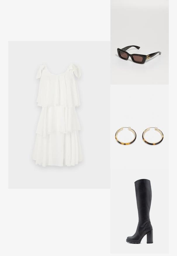 Biała sukienka warstwowa wykonana z lekkiego materiału, charakteryzująca się luźnym krojem, regulowanymi ramiączkami i falującymi warstwami, które dodają objętości.; Czarne kozaki do kolan, gładki materiał skórzany, masywny obcas, zaokrąglony nos, teksturowana podeszwa z przyczepnością, elegancki design bez ozdób.; Czarne okulary przeciwsłoneczne w kolorze tortoise z prostokątnymi soczewkami, brązowym zabarwieniem, grubą oprawką i złotym logo podwójnego G na zauszniku.; Złocone kolczyki w kształcie kół z zewnętrzną krawędzią pokrytą wzorem w muszki, charakteryzujące się gładkim wykończeniem i eleganckim, okrągłym kształtem.