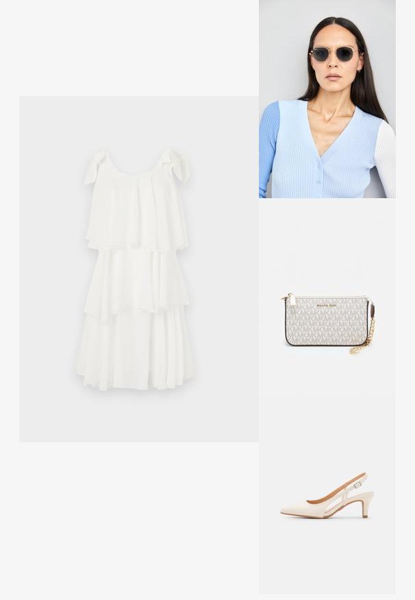 Fehér, réteges ruha könnyű anyagból, laza, bő szabású, állítható vállpántokkal és fodros rétegekkel, amelyek extra térfogatot adnak.; Fehér slingback sarok, hegyes orral, sima felső anyaggal, alacsony blokk sarkával és oldalsó kivágott dizájnnal, állítható csatpánttal.; Kerek napszemüveg sötét lencsékkel és arany kerettel. A modellen világoskék, bordázott kardigán van gombokkal és kontrasztos fehér ujjaival.; Michael Kors bézs bevonatos vászon karkötő, amely ismétlődő MK logó mintával, aranyszínű fémrészletekkel és levehető lánchordóval rendelkezik.