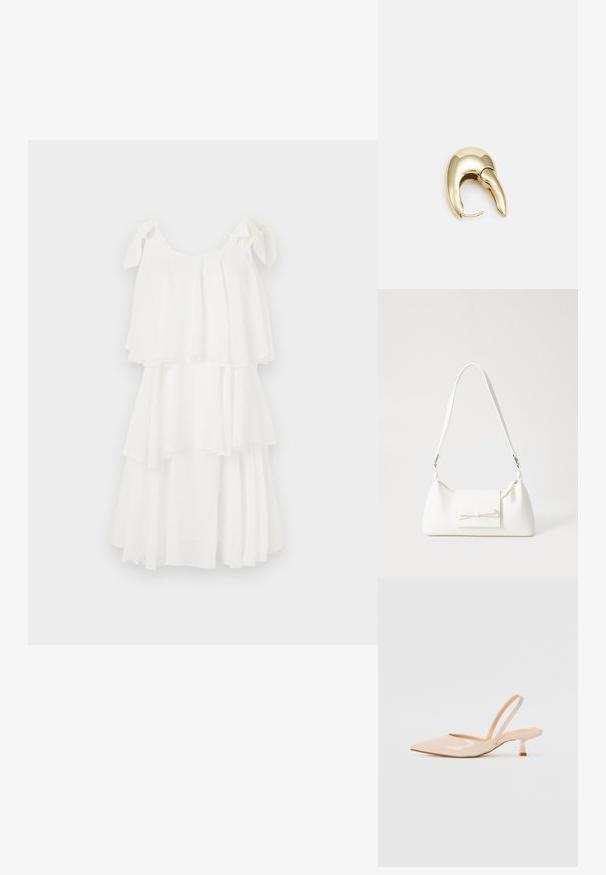 Balta tieruota suknelė, pagaminta iš lengvos medžiagos, turinti laisvą siluetą, reguliuojamus petnešėlių raiščius ir plaukiojančias sluoksnius, kurie prideda apimties.; Bežinės patentinės odos slingback kulniukai su smailiu priekiniu kraštu ir prašmatniu kvadratiniu kulnu. Lygus paviršius ir minimalizmo dizainas be puošmenų.; Balta sintetinė rankinė trikampio formos, plokščiu priekiu su užsegimu, kaspino detale, reguliuojama dirželiu, lygia tekstūra ir minimalistišku dizainu.; Aukso tono metalinės auskarai su stilingu, kreiviu dizainu. Išsiskiria ryškiu smailiu pavidalu, poliruota paviršiumi ir užsegimu su vyriu.