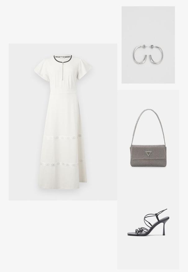 Balta medvilnės maksi suknelė su trumpomis banguotomis rankovėmis, užtrauktuku priekyje, akcentuotais juosmeniu ir subtiliu juostos detaliu prie apatinės dalies.; Juodos aukštakulnės sandalai pasižymi plonyčiais dirželiais su mazgo dizainu, lygiu kvadratiniu pirštu ir elegantišku stiletto kulnu.; Šviesiai pilka metalinė rankinė su grandinėlės dirželiu, papuošta mažais apvaliais metaliniais smeigėmis ir trikampiu prekės ženklu.; Sidabrinės auskarai žiedai su lygiu, blizgiu paviršiumi. Suapvalinta forma, lengvas dizainas, su uždarymu ant smeigtuko.