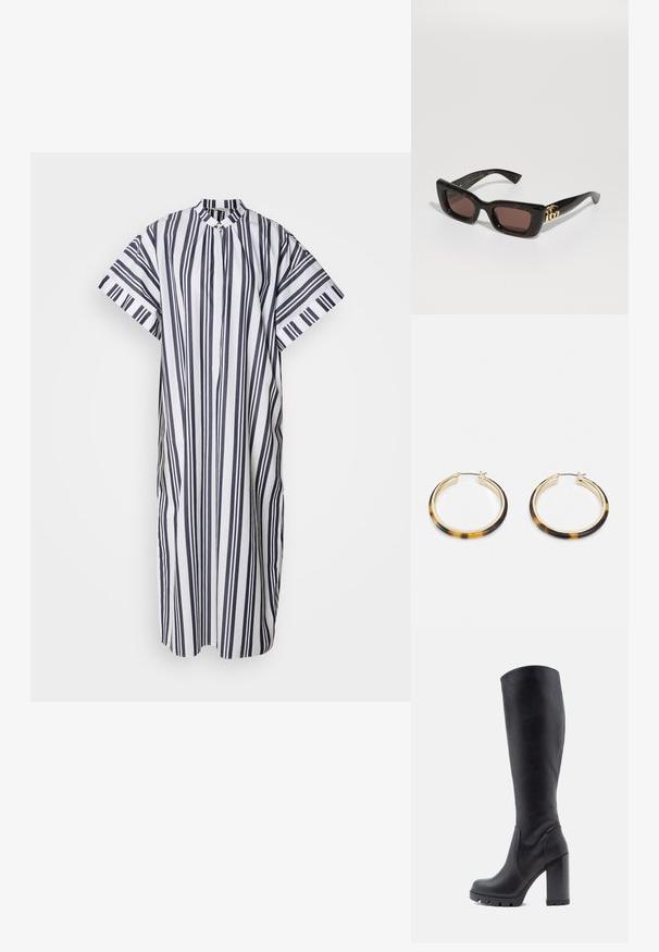 Rochie rayée cu dungi verticale alternate de culoare albastru închis și alb. Mâneci scurte, guler în picioare și închidere cu nasturi.; Cizmă neagră până la genunchi, din piele netedă, cu toc masiv, vârf rotund, talpă texturată cu aderență, design elegant fără embellishments.; Ochelari de soare tortoiseshell negri cu lentile dreptunghiulare, nuanță de maron, ramă groasă și detaliu cu logo dublu-G aurie pe temple.; Cercei cu formă rotundă, de culoare auriu, cu un margine exterioară din rășină cu model țestoasă, având un finisaj neted și o formă elegantă.