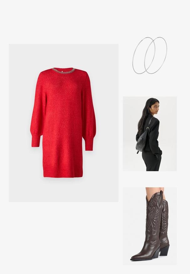 Sarkans adīts kleita ar gariem balona piedurkņu un ribota apakšmalu, ar dekoratīvām pērļu detaļām ap kaklu. Mīksta tekstūra un brīvi pieguļošs griezums.; Brūni ādas kovboju zābaki ar norādītu purngalu un blokveida papēdi, ar detalizētu šūšanu un paceltiem akcentiem uz kājas daļas.; Sieviete ar garām tumšām matiem, ģērbusies melnā uzvalkā, nēsā melnu ādas plecu somu un skatās pāri plecam uz balta fona.; Sudraba gredzenveida auskari ar minimālistisku dizainu. Cirkulāra forma, gluda tekstūra un plāns profils. Vieglu svaru ar spīdīgu apdari.