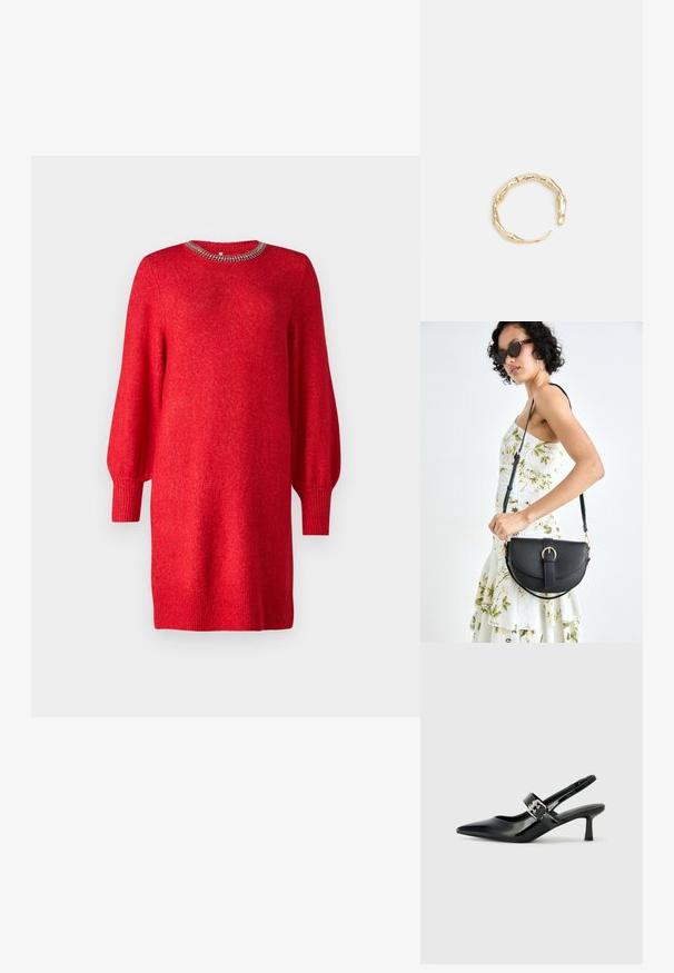 Punane kudumkleit pika õhupalli varruga ja soonikkoes hemiga, kaunistatud helmestest kaelusega. Pehme tekstuur ja mugav lõige.; Mustad patenteeritud nahast sildiga kontsad, millel on terav nina ja väike plokk-konts, mille rihmal on hõbedane pandla aksessuaar.; Mustmust mustraha kõverate joontega, eemaldatava rihmaga ja kuldsete detailidega. Kotil on klapp, millel on pandladetail.; Kuldtoonis sõrmus, millel on orgaaniline, keerdunud disain sileda tekstuuri ja kitsenevate otstega, luues kaasaegse skulptuurilise välimuse.