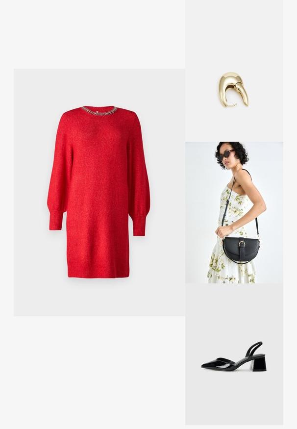 Rød strikket kjole med lange ballongsleeves og ribbestrikket kant, med dekorativ perlekrage. Myk tekstur og avslappet passform.; Svarte patentlær slingback hæler med spiss tå og geometrisk blokk hæl. Har et stilrent, minimalistisk design og jevn tekstur.; Svart lærveske med en buet form, avtagbar stropp og gullbeslag. Vesken har et klaff med spenne-detall.; Gullfarget metalløredobber med et elegant, buet design. Har en karakteristisk spiss form, polert overflate og hengsel-lukking.