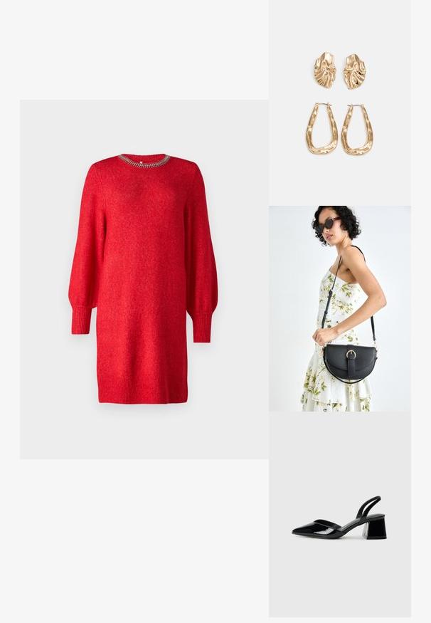 Rød strikket kjole med lange ballongsleeves og ribbestrikket kant, med dekorativ perlekrage. Myk tekstur og avslappet passform.; Svarte patentlær slingback hæler med spiss tå og geometrisk blokk hæl. Har et stilrent, minimalistisk design og jevn tekstur.; Svart lærveske med en buet form, avtagbar stropp og gullbeslag. Vesken har et klaff med spenne-detall.; Gullfargede øredobber med teksturerte, bølgete former. Inkluderer skulpturelle klipsstuds og åpen hoop-design med en hamret finish.