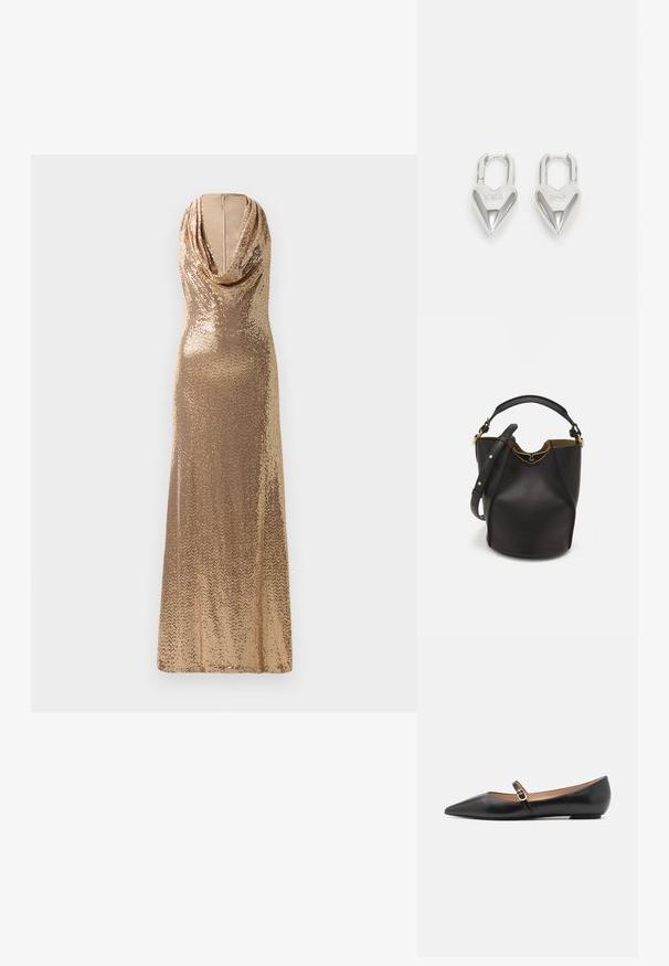 Zelta sekvīru vakara kleita ar drapētu kakla izgriezumu un pieguļošu siluetu. Grīdas garuma dizains ar spīdīgu tekstūru un sānu šķēlumu.; Melnas ādas baleta kurpes ar norādīto pirkstu un sānu siksniņu, kurai ir apaļš zelta akcents. Vieglas ar plakanu zoli.; Melnas ādas spainīša somas ar teksturētu apdari, zelta metāla aksesuāriem un atvērtu augšu. Piedāvā īsu rokturi un regulējamu plecu siksnu.; Sudraba sirdī formas piekariņi ar iegravētiem "JĀ" un "NĒ" tekstiem, pulēta apdare, simetrisks dizains un izturīgs metāla aizdare.