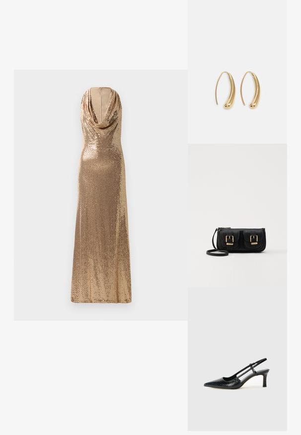 Rochie de seară aurie din paiete cu un decolteu drapat și o siluetă ajustată. Design până la podea cu o textură strălucitoare și o fante laterală.; Pantofi cu toc slingback negri din patent, cu vârf ascuțit, cu imprimeu de șarpe texturat, curea ajustabilă și toc scurt texturat.; Geantă neagră din piele, tip crossbody, cu două buzunare frontale, catarame aurii, închidere cu fermoar și o curea subțire. Suprafață texturată și formă rectangulară compactă.; Cercei din metal auriu, cu un design curbat și alungit. Au o suprafață netedă și strălucitoare, cu un vârf rotunjit pentru un detaliu suplimentar.