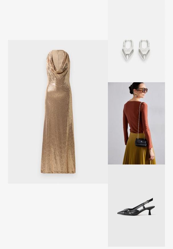 Goldene Pailletten-Abendkleid mit dreigeteiltem Ausschnitt und taillierter Silhouette. Bodellanges Design mit schimmernder Textur und einem seitlichen Schlitz.; Schwarzer Leder-Slingback-Schuh mit spitz zulaufender Zehenpartie, dekorativen Riemen mit METALLÖSEN und niedrigem Blockabsatz. Strukturelle Oberfläche.; Vivienne Westwood SMALL PURSE CHAIN - Umhängetasche - black; Silberne herzförmige Vorhängeschlösser mit eingravierten "JA"- und "NEIN"-Texten, polierte Oberfläche, symmetrisches Design und einem robusten Metallverschluss.