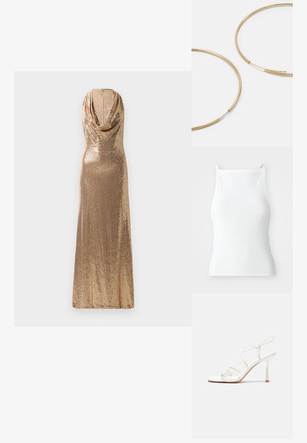 Auksinė sequin vakarinė suknelė su drapiruotu iškirpimu ir prigludusia siluetu. Grindų ilgumo dizainas su blizgiu tekstūru ir šoniniu plyšiu.; Balta rašyta marškinė su plonomis petnešomis, turinti prigludusį dizainą ir lygų paviršių. Audinys atrodo elastingas ir lengvai struktūruotas.; Baltas dirželis su aukštu kulnu sandalai su plokščiu pirštu, tekstūruota priekinė dalis su susiraukšlėjimais ir plonas kulkšnies dirželis.; Aukso spalvos žiedo auskarai, ploni ir apvalūs, su lygiu metaliniu paviršiumi be papuošimų ar raštų.