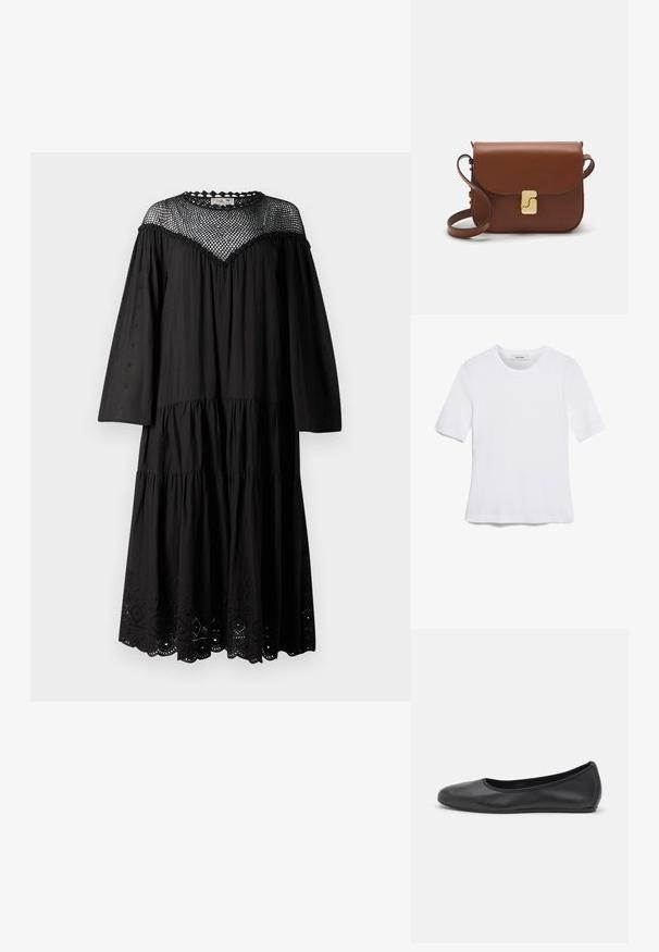 Melnas kokvilnas kleitas ar vairākiem slāņiem, garām piedurknēm un acs jostu ar zobainiem malām. Acu detaļa ap apakšmalu.; Balta īsām piedurknēm T-krekls, izgatavots no ribota auduma. Apaļš izgriezums, regulāra piegriezuma un diskrēti šuvumu detaļas. Bez printiem vai grafikām.; Melna ādas baleta kurpe ar noapaļotu purngalu, gludu tekstūru, minimālu šuvju detalizāciju un elastīgu zoles dizainu.; Bordo ādas rokas soma ar atloku, zeltītām detaļām, plecu siksnu un gludu virsmu. Kompakta, taisnstūrveida forma.