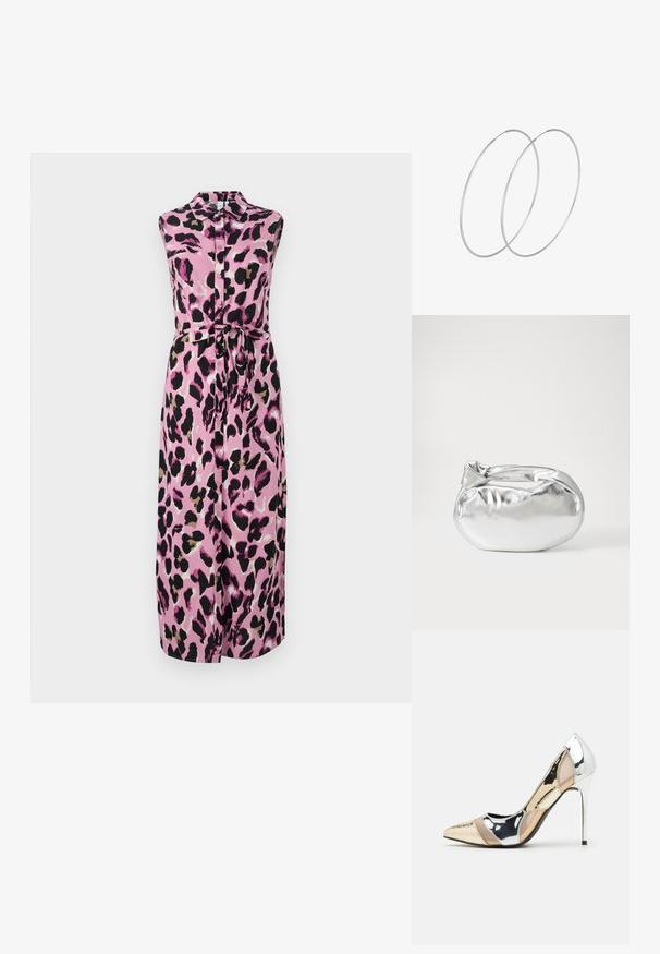 Różowa sukienka bez rękawów z printem w panterkę w kolorze czarnym i beżowym, z zapięciem na guziki z przodu oraz wiązaniem w talii, które podkreśla sylwetkę.; Czółenka na wysokim obcasie z wąskim noskiem w kolorze srebrnym, złotym i nude. Lśniące wykończenie z wycięciami, z obcasem w stylu stiletto.; Srebrna metaliczna torba worek o miękkim, zaokrąglonym kształcie i zawiązywanym z góry zapięciem. Wykonana z gładkiego materiału imitującego skórę.; Srebrne kolczyki w formie obręczy o minimalistycznym designie. Okrągły kształt, gładka faktura i cienki profil. Lekkie, z polerowanym wykończeniem.