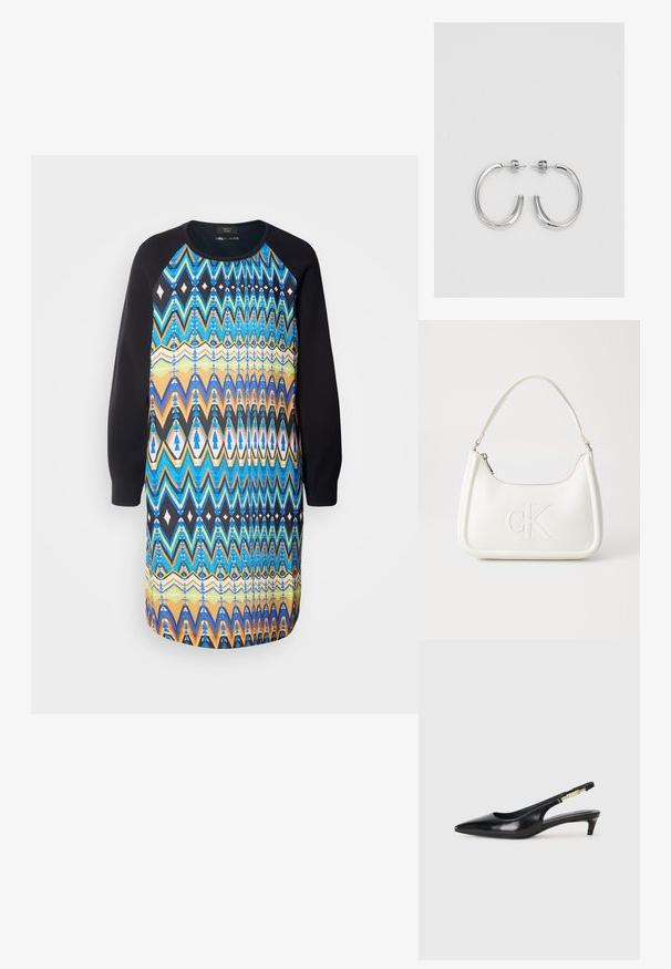 Robe graphique avec un motif coloré en zigzag aux tons bleu, noir et orange ; manches longues noires ; coupe décontractée ; tissu doux.; Talons hauts en cuir noir avec un bout pointu, dotés d'un talon fin et d'un accent en ton or sur la lanière réglable. Texture lisse.; Sac à main en cuir blanc avec une forme courbée, arborant un logo "CK" embossé à l'avant et une seule bandoulière. Fermeture à glissière en haut.; Boucles d'oreilles en argent avec une finition lisse et brillante. Forme arrondie, conception légère, avec un fermoir à tige.