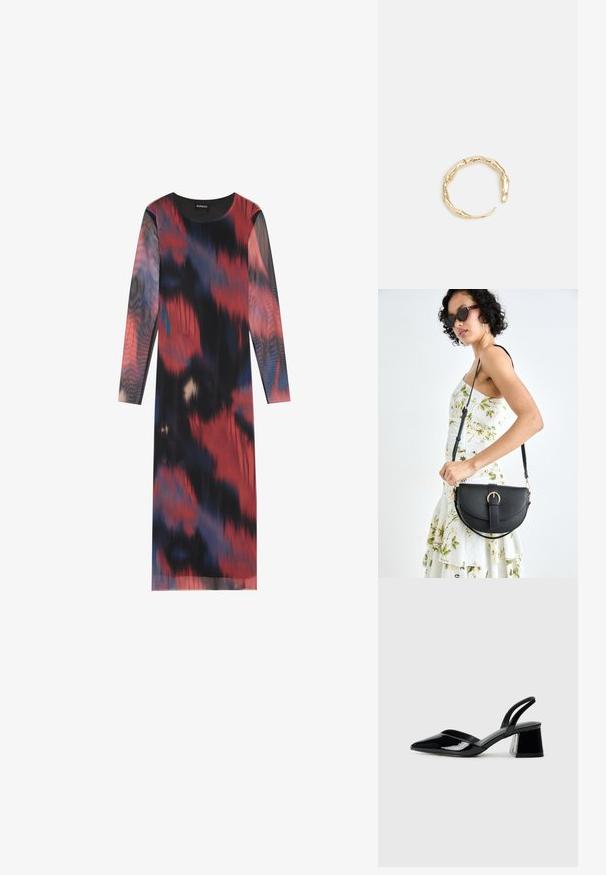 Długo rękawna sukienka z wielokolorowym abstrakcyjnym wzorem w odcieniach czerwieni, czerni i niebieskiego. Gładki materiał z okrągłym dekoltem i prostym krojem.; Czarne lakierowane półbuty na obcasie z wydłużonym noskiem i geometrycznym słupkiem. Charakteryzują się eleganckim, minimalistycznym designem oraz gładką fakturą.; Czarna skórzana torebka o zakrzywionym kształcie, z odpinanym paskiem i złotymi akcentami. Torebka posiada klapę z zapięciem w kształcie klamry.; Pierścionek w odcieniu złota z organicznym, skręconym wzorem, o gładkiej fakturze i zwężających się końcach, tworzący nowoczesny, rzeźbiarski wygląd.