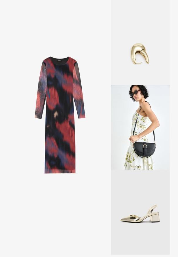 Langærmet kjole med et multifarvet abstrakt mønster i rød, sort og blå. Glat stof med rund halsudskæring og lige snit.; Guld, metalliske slingback-hæle med spids tå og kraftig hæl. Glat tekstur, minimalistisk design og en smal strop.; Sort læderhåndtaske med en buet form, aftagelig rem og guldfinish. Tasken har en klap med en spænde detalje.; Guldtonet metal ørering med et slankt, buet design. Har en karakteristisk spids form, poleret overflade og hængselåbning.