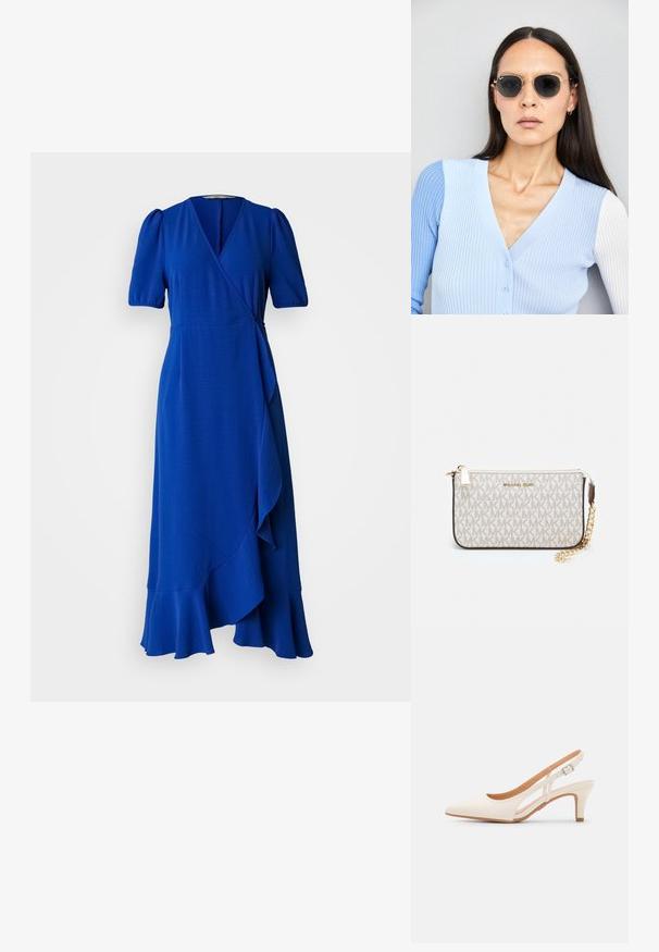 Vestido azul de estilo envolvente con mangas cortas abullonadas, escote en V profundo y dobladillo con volantes. Hecho de una tela texturizada, con un detalle de lazo en el lado.; Zapato de tacón de tirantes blanco con punta afilada, material superior liso, tacón bajo y diseño con corte lateral con correa ajustable.; Gafas de sol redondas con lentes oscuros y montura dorada. El modelo lleva un cárdigan de canalé azul claro con botones y mangas blancas en contraste.; Monedero de muñeca Michael Kors en lona recubierta beige que presenta un patrón repetido del logo MK, herrajes dorados y una correa de cadena desmontable.
