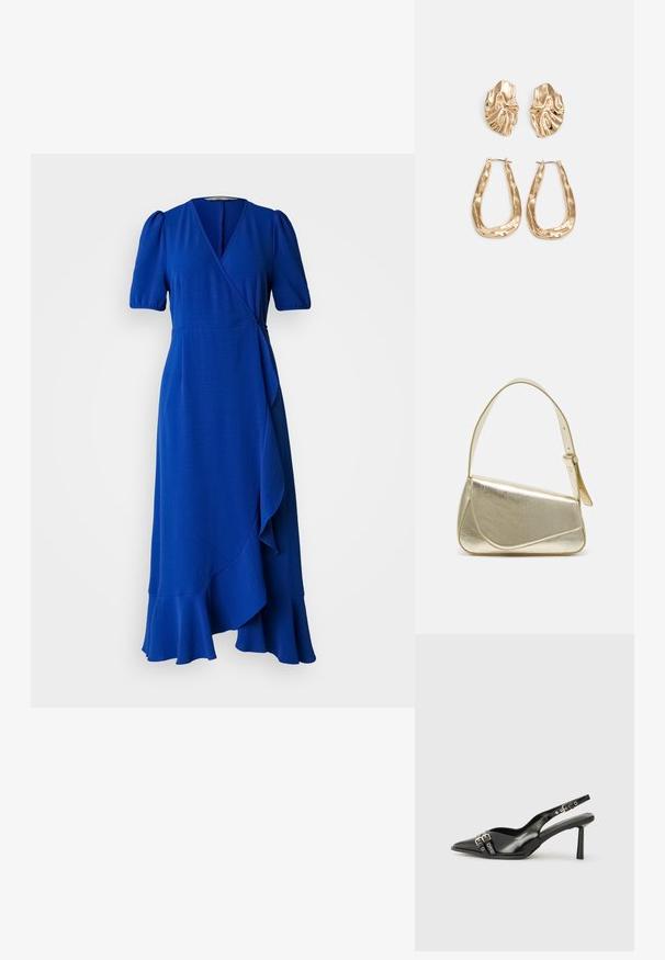 Robe bleue en style envolé avec des manches courtes à volants, un décolleté en V profond et un ourlet à volants. Fabriquée en tissu texturé, avec un détail de lien sur le côté.; Chaussure slingback en cuir verni noir avec un embout pointu, des brides de cheville avec des boucles en argent et des éléments en métal, et un talon fin.; Sac à main en métal doré avec un design structuré, texture lisse et bandoulière ajustable. Présente une forme triangulaire unique et des coutures minimalistes.; Boucles d'oreilles dorées présentant des formes texturées et ondulées. Comprend des clips sculpturaux et un design de créoles ouvertes avec une finition martelée.