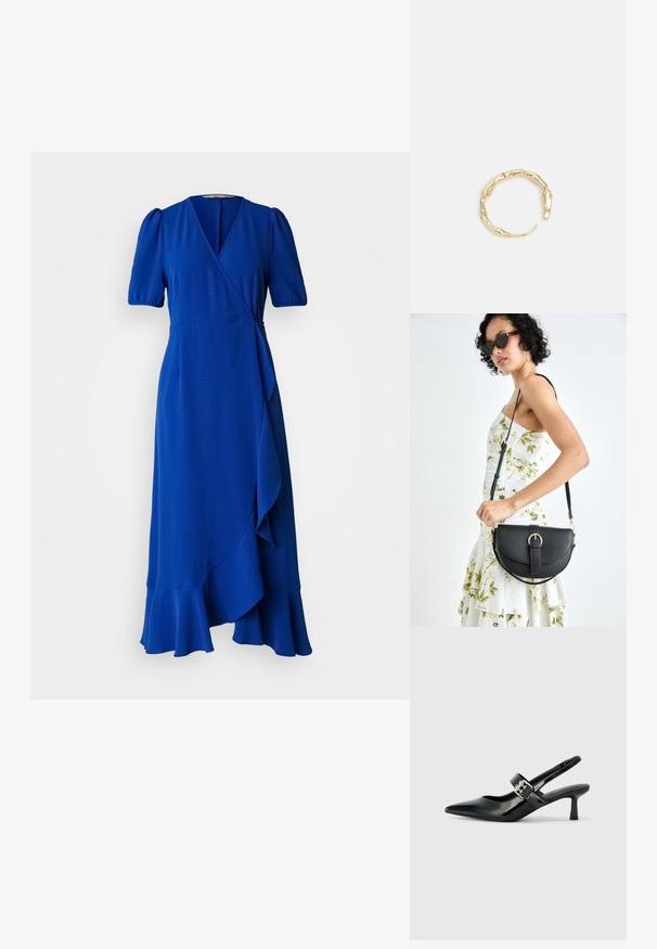 Robe bleue en style envolé avec des manches courtes à volants, un décolleté en V profond et un ourlet à volants. Fabriquée en tissu texturé, avec un détail de lien sur le côté.; Escarpins slingback en cuir verni noir avec un bout pointu et un petit talon bloc, mettant en avant un accent en boucle argentée sur la sangle.; Sac à main en cuir noir avec une forme courbée, bandoulière amovible et des accessoires en or. Le sac est doté d'un rabat avec un détail de boucle.; Bague en or ornée d'un design organique et torsadé, avec une texture lisse et des extrémités effilées, créant une apparence moderne et sculpturale.