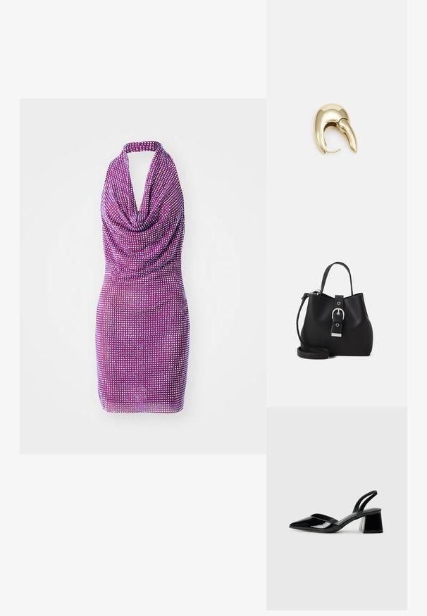 Lila pánt nélküli ruha redőzött elejével és teljes felületén flitteres mintával. Testhez simuló sziluett, sima felülettel. Rövid hosszúság.; Fekete lakk bőr szandálkés magas sarkú cipő, hegyes orral és geometrikus tömbsarkakkal. Karcsú, minimalista dizájn és sima textúra jellemzi.; Fekete, sima bőrből készült vödör táska, amely strukturált formával, rövid fogantyúval és levehető vállpánttal rendelkezik. Ezüst csat részlet.; Aranyszínű fém fülbevaló, elegáns, ívelt formával. Különleges hegyes alak, fényes felszín és zsanéros záródás jellemzi.
