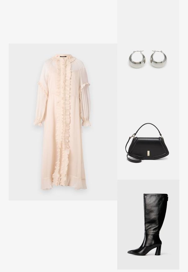 Long, pale pink dress made of lightweight fabric. Features a ruffled front, high neckline, and long sleeves with gathered cuffs.; Knee-high black leather boot with a pointed toe, smooth texture, and a chunky heel. Features a zipper detail at the back.; Black leather handbag with a structured design, featuring a cropped shape, top handle, and gold hardware accent. Adjustable shoulder strap included.; Silver metal hoop earrings with a smooth, shiny surface and a structured, rounded design. Features a hinged clasp for secure wear.
