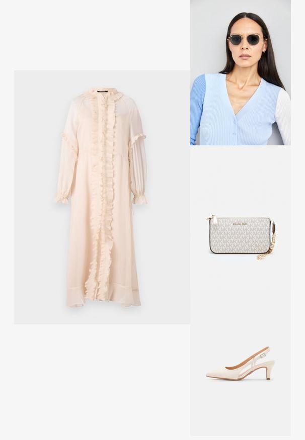 Long, pale pink dress made of lightweight fabric. Features a ruffled front, high neckline, and long sleeves with gathered cuffs.; White slingback heel with a pointed toe, smooth upper material, low block heel, and side cut-out design with adjustable buckle strap.; Round sunglasses with dark lenses and gold frames. The model wears a light blue, ribbed cardigan with buttons and contrast white sleeves.; Michael Kors wristlet in beige coated canvas featuring a repeating MK logo pattern, gold hardware, and a detachable chain strap.