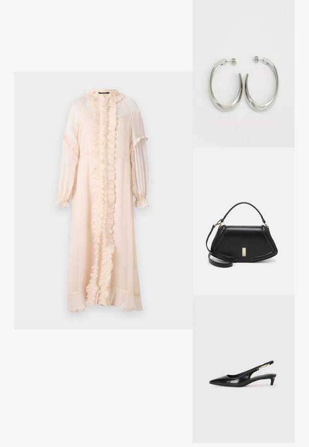 Lange, lichtroze jurk van luchtige stof. Heeft een gerimpelde voorkant, hoge halslijn en lange mouwen met gathered manchetten.; Zwarte leren slingback hakken met een spitse neus, voorzien van een slanke hak en een goudkleurige accent op de verstelbare band. Gladde textuur.; Zwarte leren handtas met een gestructureerd ontwerp, featuring een verkorte vorm, bovenhandvat en gouden hardwareaccent. Inclusief verstelbare schouderband.; Zilveren oorringen met een gladde, gebogen vorm. Voorzien van een glanzende metallic afwerking en studsluiting. Geen zichtbare patronen of accenten.