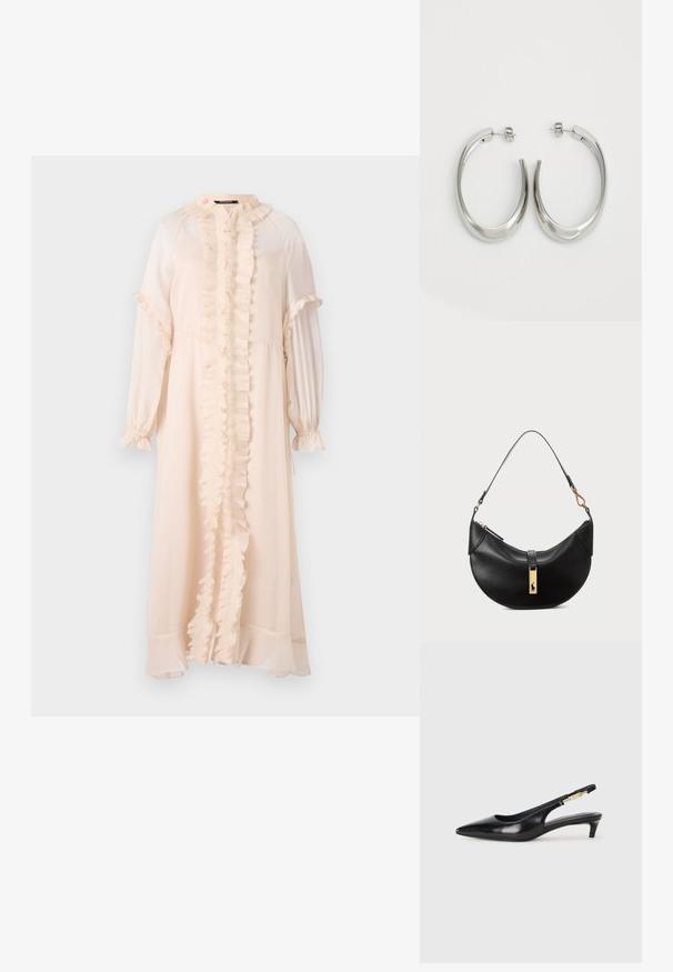 Long, pale pink dress made of lightweight fabric. Features a ruffled front, high neckline, and long sleeves with gathered cuffs.; Black leather slingback heels with a pointed toe, featuring a slim heel and a gold-tone accent on the adjustable strap. Smooth texture.; Black leather handbag in a half-moon shape. Features a gold hardware accent and a narrow strap. Smooth texture, zipper closure at the top.; Silver hoop earrings with a smooth, curved design. Features a shiny metallic finish and stud closure. No visible patterns or accents.