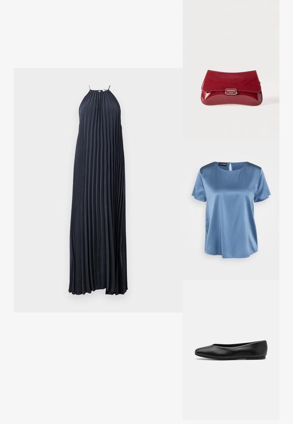 Dolga, nabirana obleka iz temno modrega materiala. Oblikovanje s povezanimi vratovi in tankimi naramnicami. Gladka tekstura, tekoča silhueta, z robom do gležnja.; Modra satenska bluza s kratkimi rokavi, kvadratnim dekoltejem in zadrgo na hrbtni strani. Gladka tekstura in nekoliko ohlapen kroj.; Paul Smith TOPANGA - Balerinke - black; Rdeča lakasta usnjena torbica z ukrivljenim dizajnom, preklopnim pokrovom in kovinskim logotipom na srebrni plaketi. Gladka, sijajna tekstura.