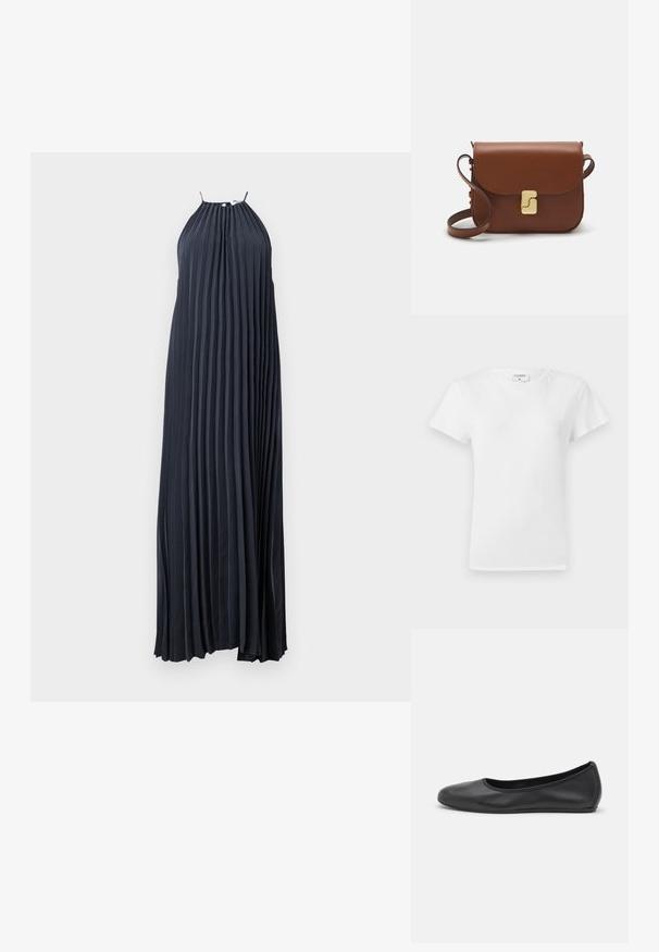 Long, pleated dress in dark navy fabric. Halter neck design with thin straps. Smooth texture, flowing silhouette, with ankle-length hem.; White cotton t-shirt with a crew neckline and short sleeves, featuring a relaxed fit and minimalistic design. Tag visible at the neck.; Black leather ballet flat with a rounded toe, smooth texture, minimal stitching detail, and a flexible sole design.; Brown leather handbag with a flap closure, gold-tone hardware, a shoulder strap, and a smooth texture. Compact rectangular shape.