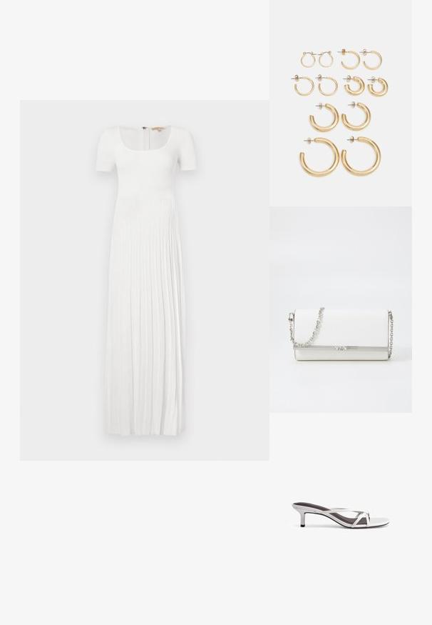 Dolga bela rebrasta obleka s kvadratnim izrezom in kratkimi rokavi. Ima vertikalne gube in zadrgo na hrbtni strani. Mehka tekstura.; Srebrne sandale na peto s križnim trakama, gladko teksturo in koničastim nosom. Peti je približno dva inča visok.; MICHAEL Michael Kors MONA - Torba čez telo - optic white; Set zlato obročastih ušesnih uhani, ki vključujejo različne velikosti in oblike, vključno z majhnimi, srednjimi in velikimi slogi, z gladkimi kovinskimi površinami.